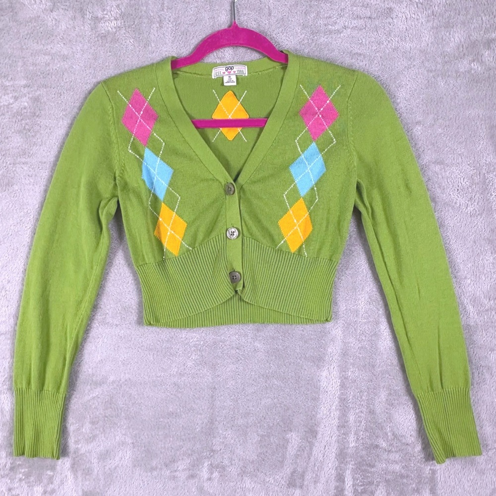 Vintage Gap Argyle Cropped Cardigan Girls XL 12 Y2K Preppy Green
